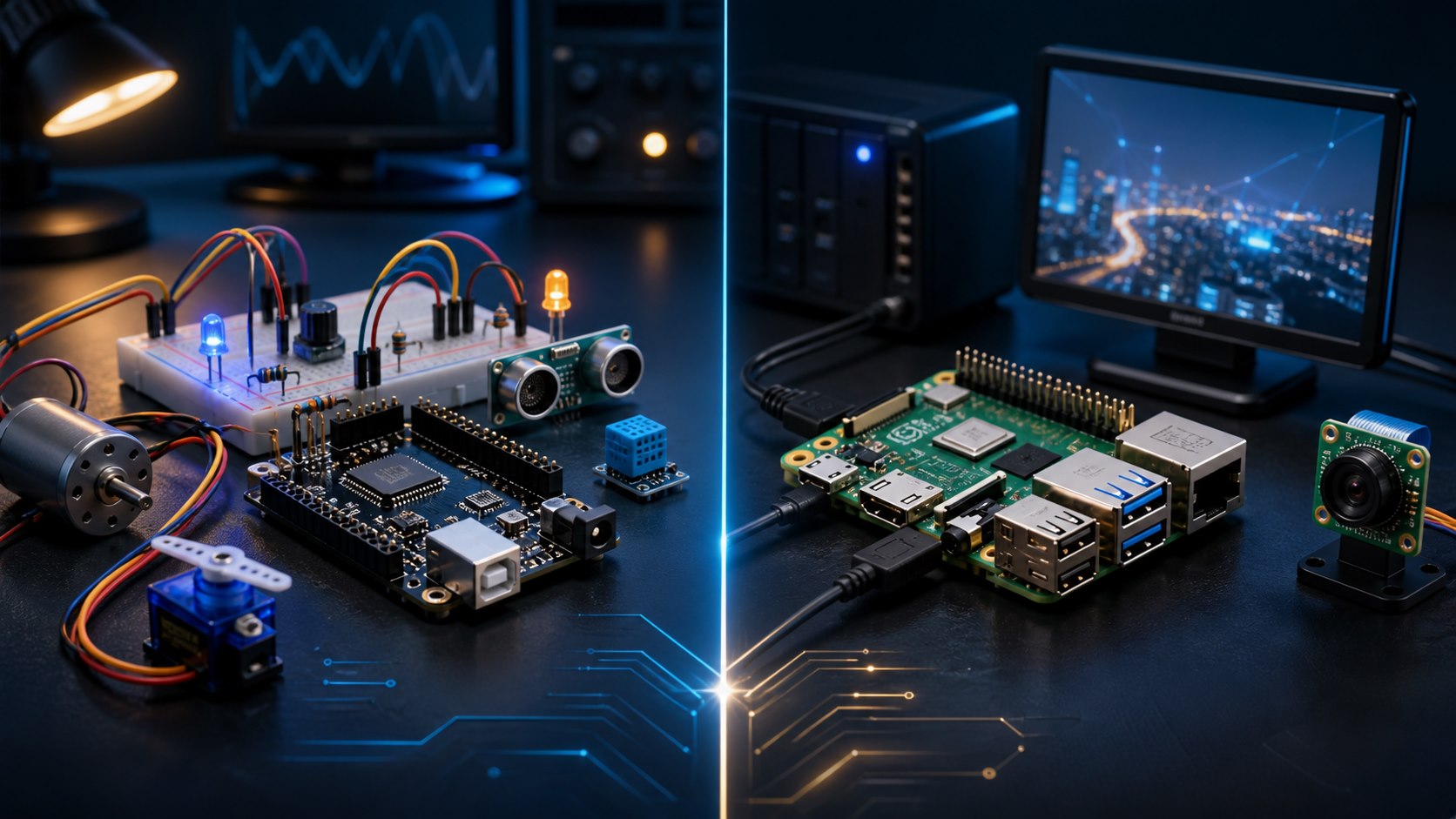 رسم هندسي توضيحي: Arduino أم Raspberry Pi؟ مقارنة هندسية لاختيار المنصة الصحيحة