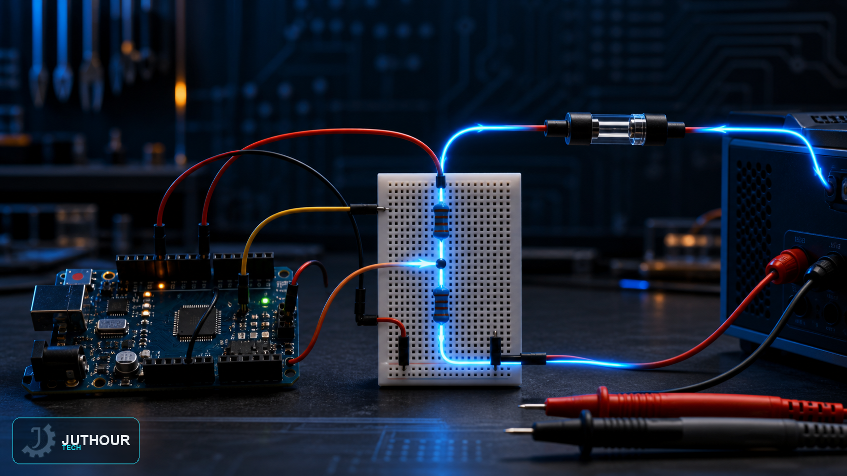 Engineering illustration: Measuring Voltages Above 5 V Safely with Arduino