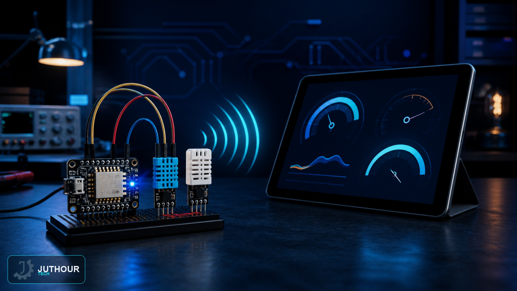 رسم هندسي توضيحي: خادم ويب بسيط باستخدام ESP8266 لعرض قراءات الحساسات لاسلكيًا