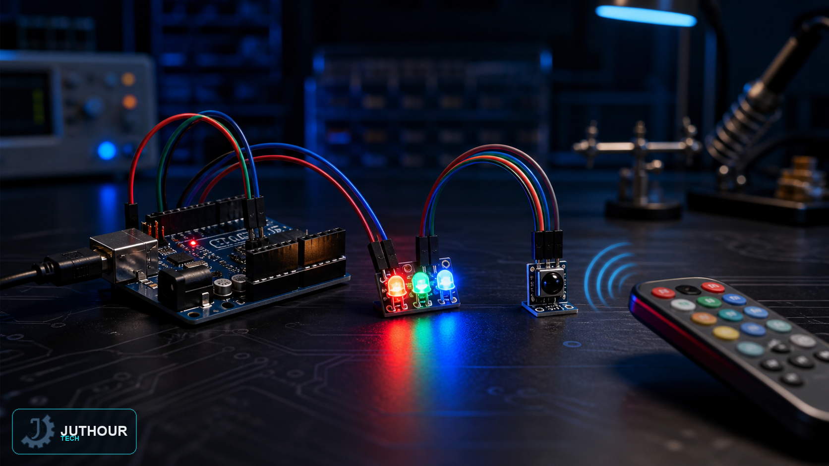 رسم هندسي توضيحي: التحكم في لون مصباح RGB عن بعد بالأشعة تحت الحمراء