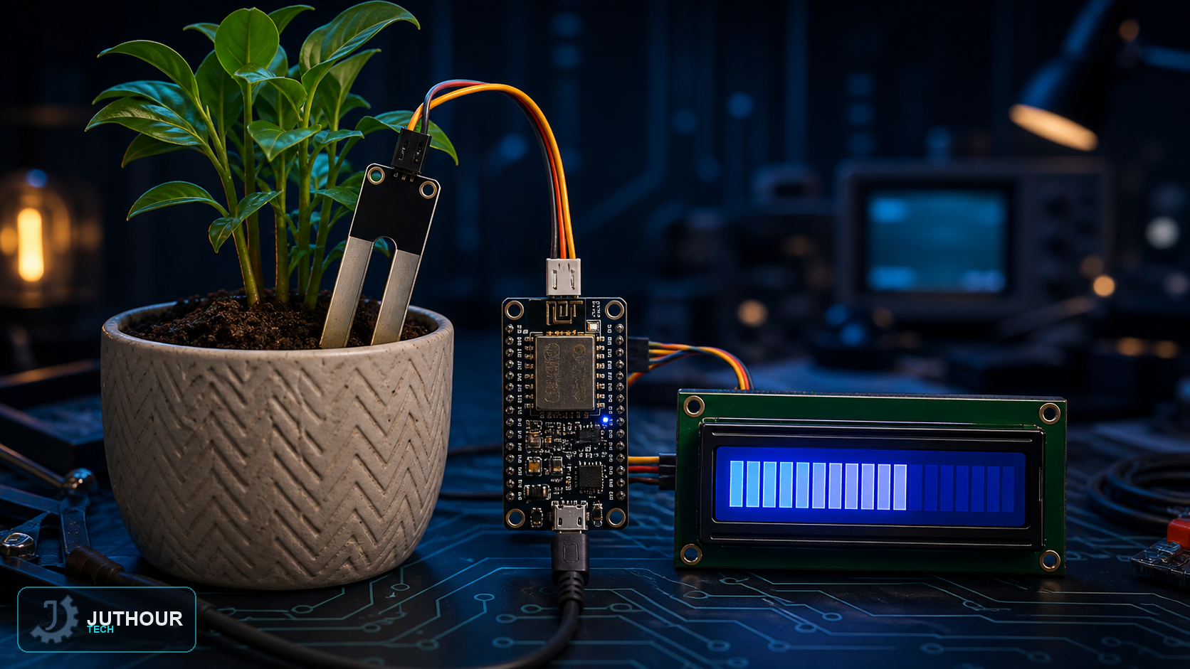 رسم هندسي توضيحي: قياس رطوبة التربة باستخدام NodeMCU وشاشة LCD