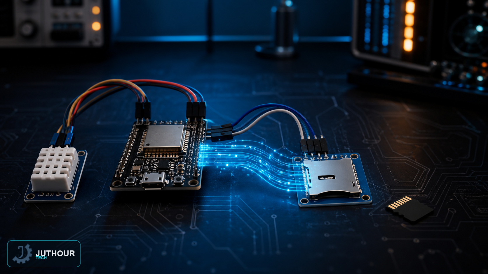 رسم هندسي توضيحي: تسجيل بيانات الحساسات على بطاقة SD مع NodeMCU