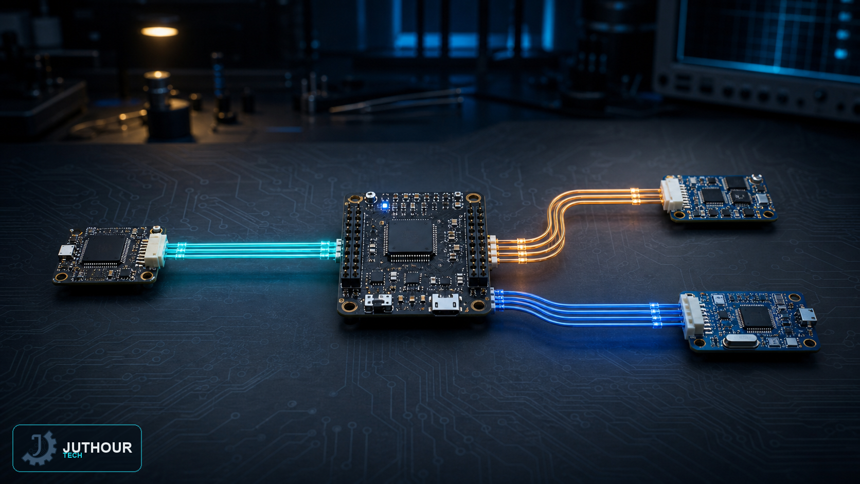 رسم هندسي توضيحي: بروتوكولات الاتصال الشائعة مع الأردوينو: UART وI2C وSPI
