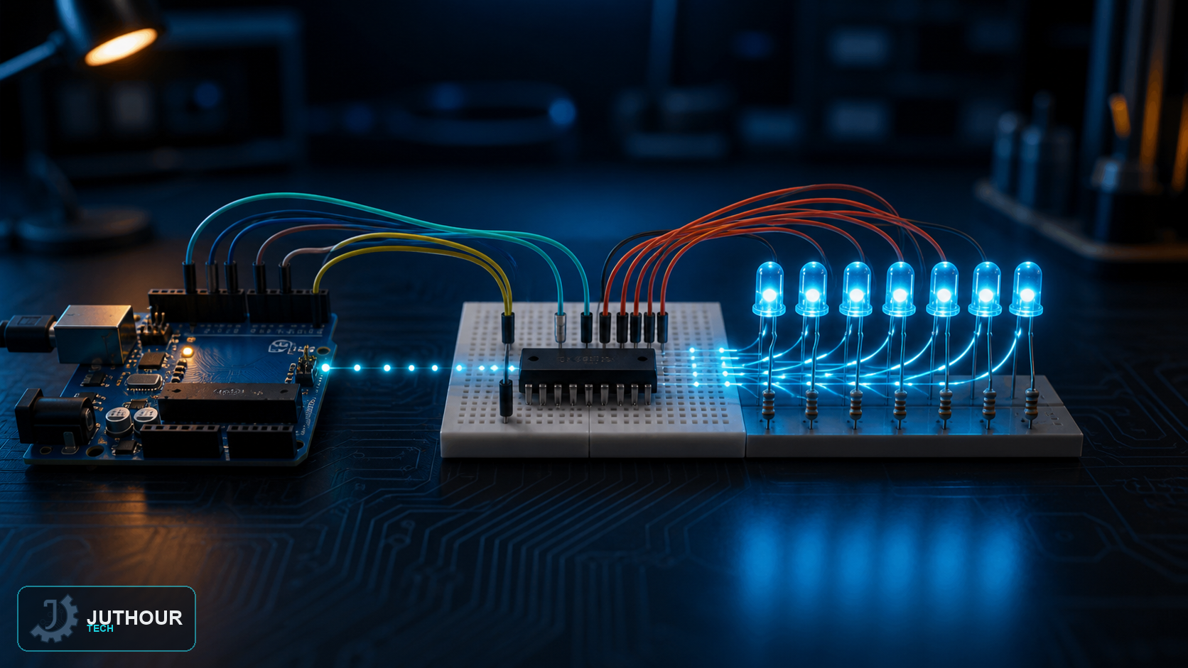 Engineering illustration: 74HC595 Shift Register: How It Works and How to Connect It to Arduino