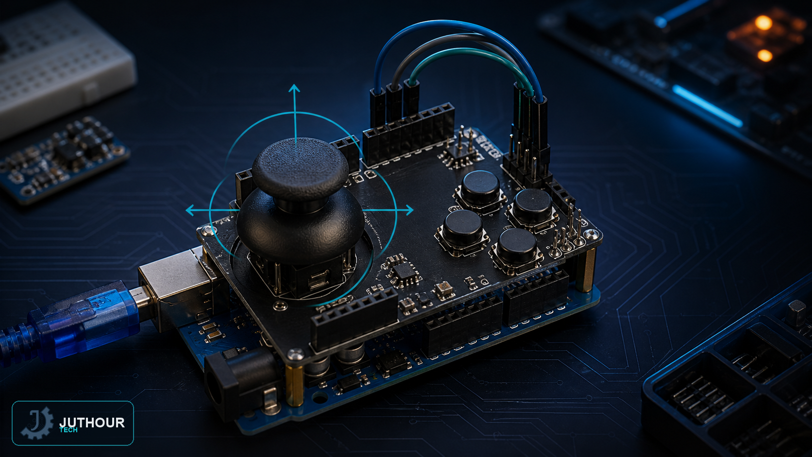 رسم هندسي توضيحي: توصيل درع عصا التحكم Joystick Shield v2.4 بالأردوينو