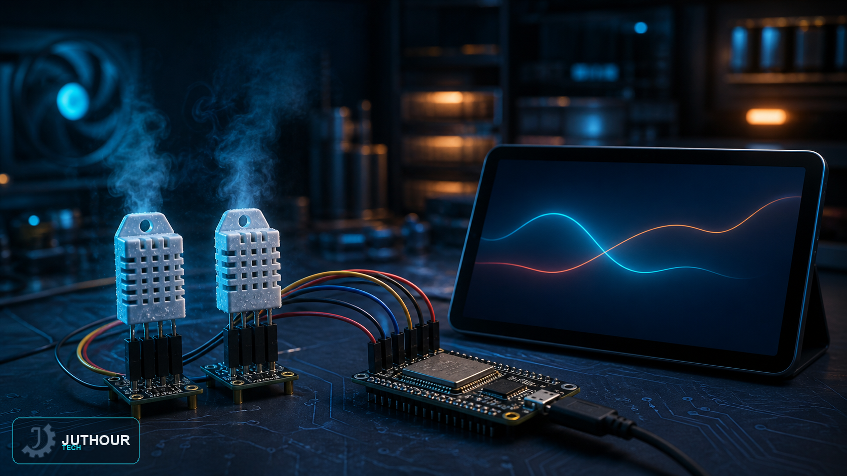 Engineering illustration: Wiring DHT11 and DHT22 to ESP32 and Displaying Values on a Web Server