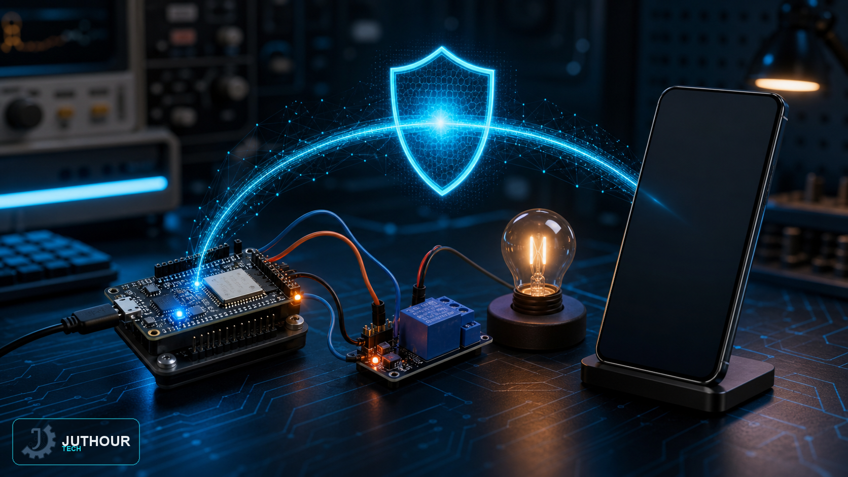 رسم هندسي توضيحي: التحكم الآمن في ESP32 عن بُعد عبر خادم ويب