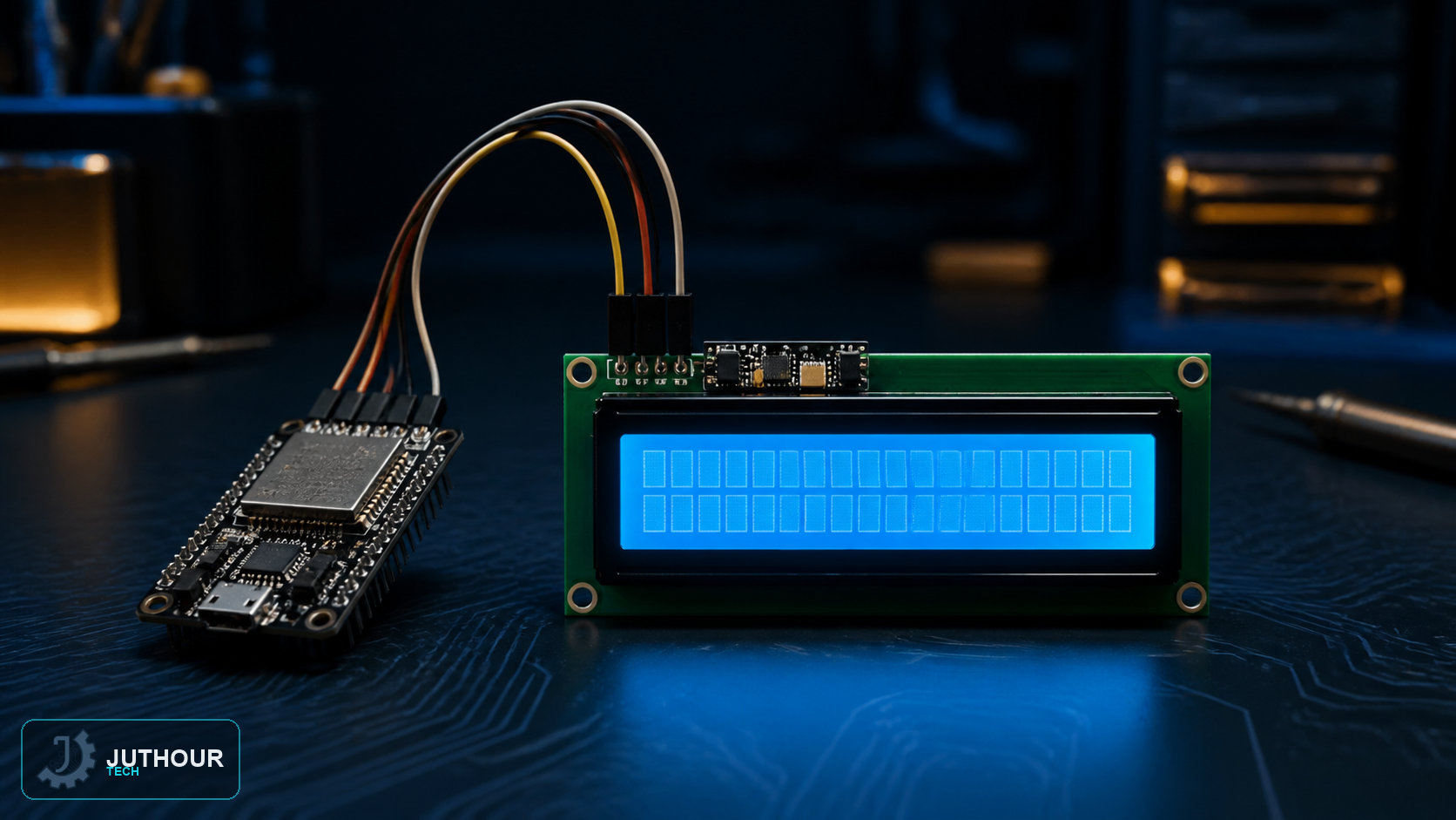 رسم هندسي توضيحي: توصيل شاشة LCD بلوحة ESP32 عبر بروتوكول I2C