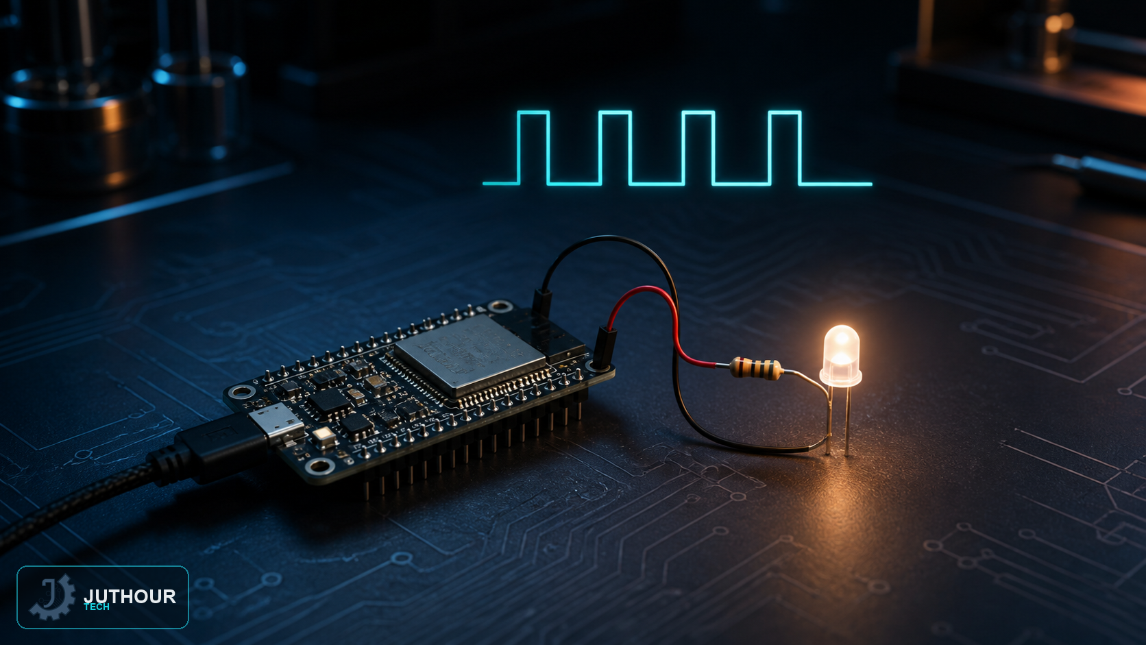 رسم هندسي توضيحي: توليد إشارة PWM والتحكم فيها على ESP32 باستخدام Arduino IDE