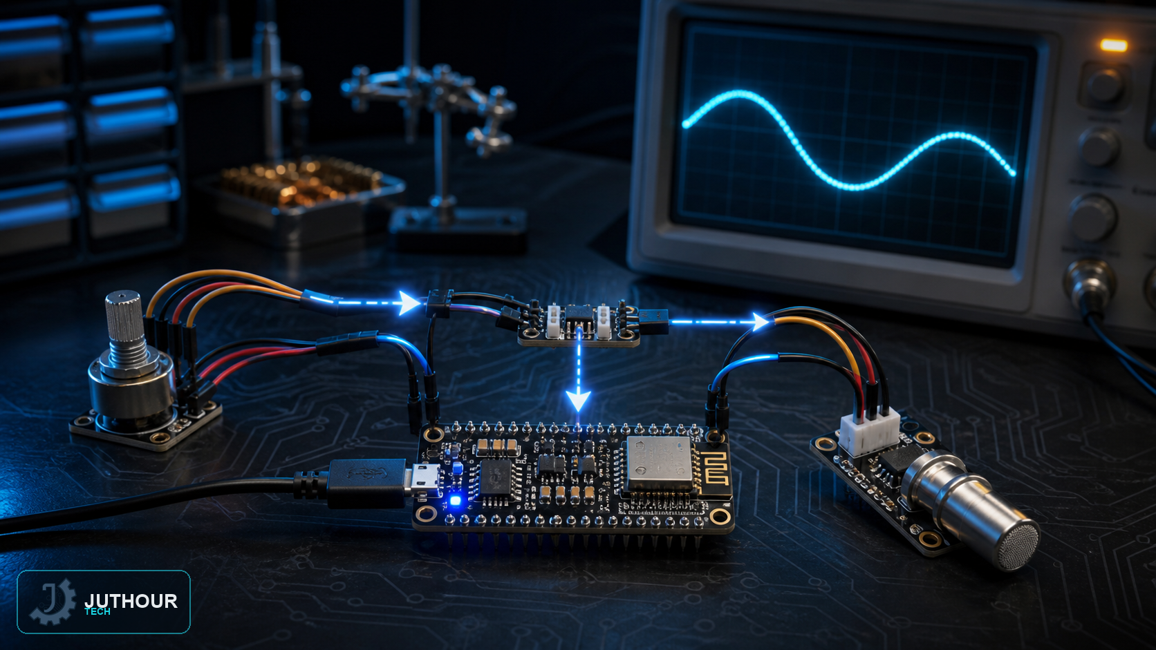 رسم هندسي توضيحي: قراءة الإشارات التناظرية عبر ADC في ESP8266 باستخدام Arduino IDE