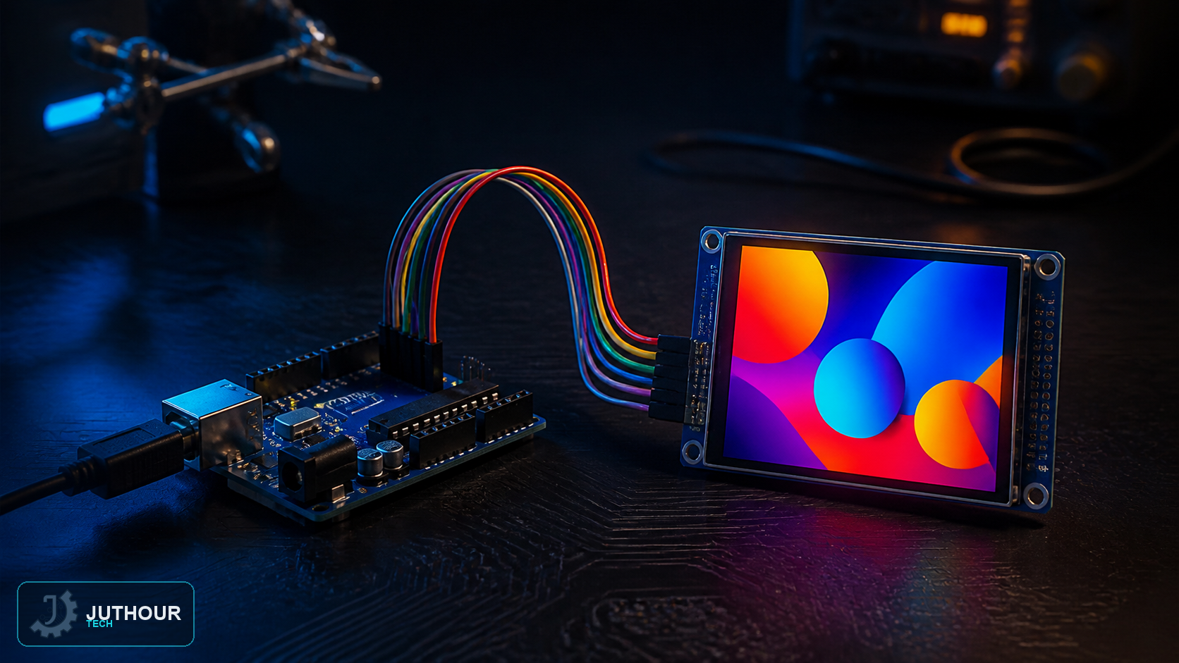 رسم هندسي توضيحي: شاشة TFT مقاس 1.8 بوصة: مبدأ العمل والتوصيل بالأردوينو