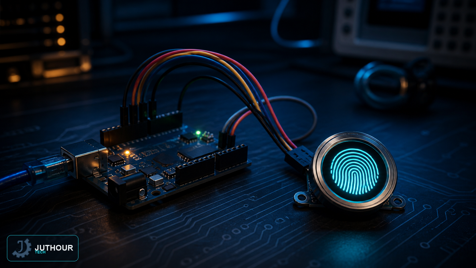رسم هندسي توضيحي: توصيل حساس البصمة FPM10A بلوحة Arduino Uno