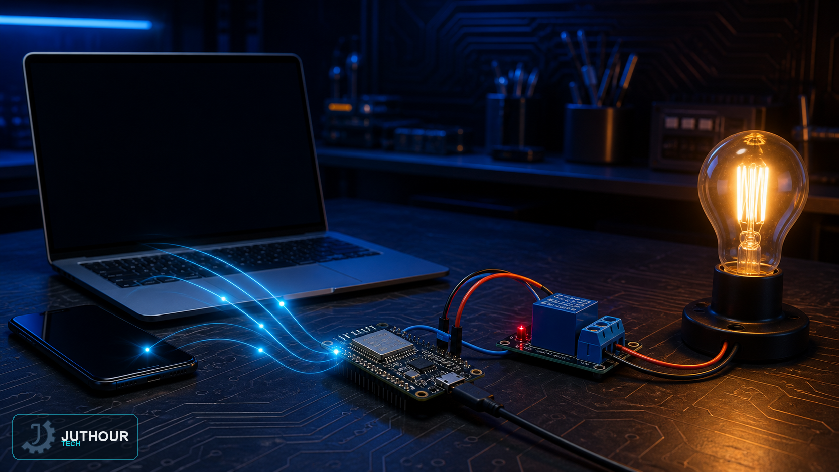 رسم هندسي توضيحي: التحكم في وحدة ريليه بلوحة ESP32 عبر خادم ويب
