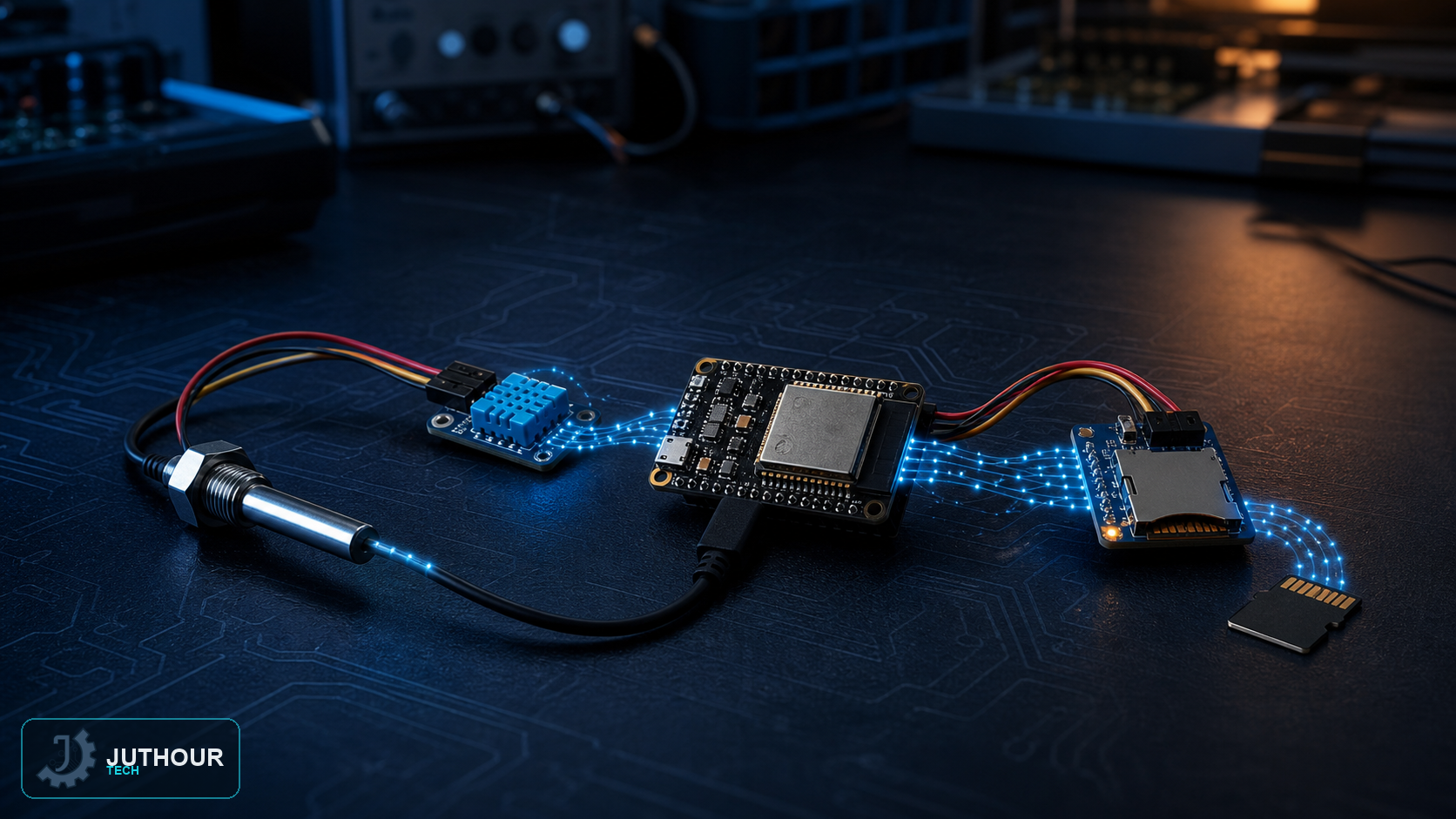 رسم هندسي توضيحي: تسجيل بيانات درجة الحرارة إلى بطاقة microSD باستخدام ESP32