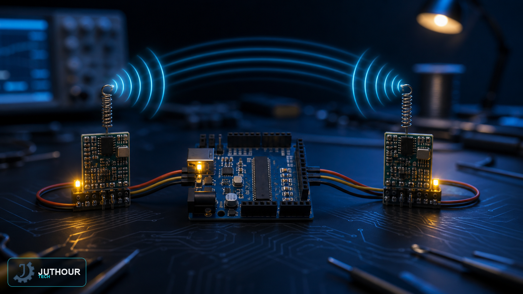 رسم هندسي توضيحي: وحدات RF بتردد 433MHz: مبدأ العمل والتوصيل بالأردوينو