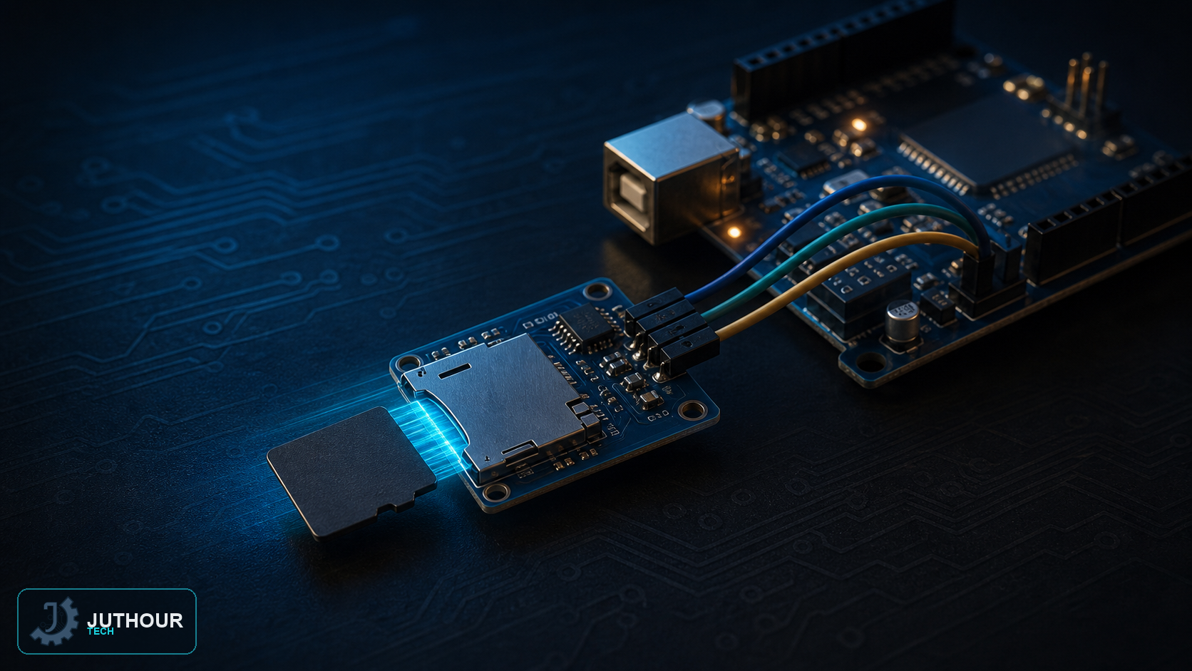 رسم هندسي توضيحي: وحدة بطاقة microSD: مبدأ العمل والتوصيل بالأردوينو