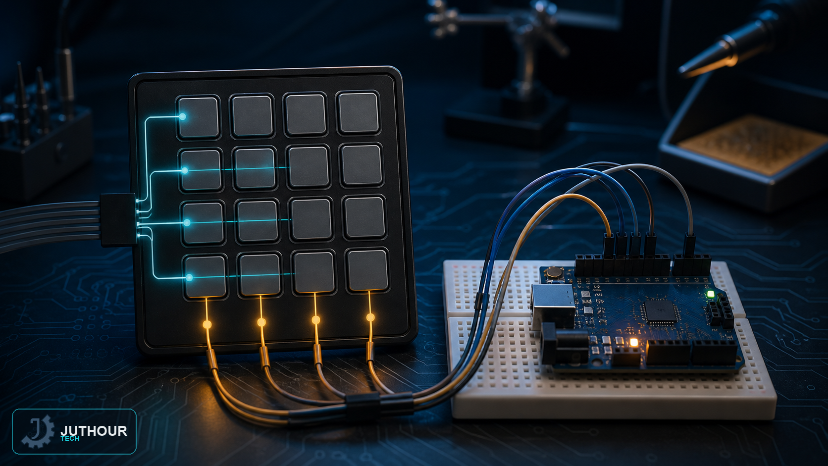 رسم هندسي توضيحي: كود قراءة لوحة المفاتيح بمكتبة Keypad.h خطوة بخطوة