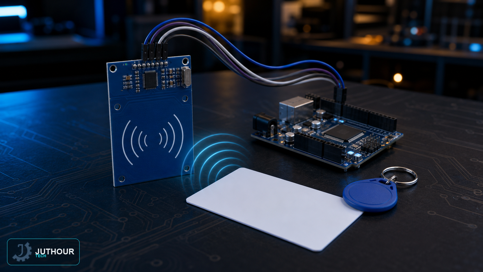 رسم هندسي توضيحي: قارئ RFID من نوع MFRC522: مبدأ العمل والتوصيل بالأردوينو