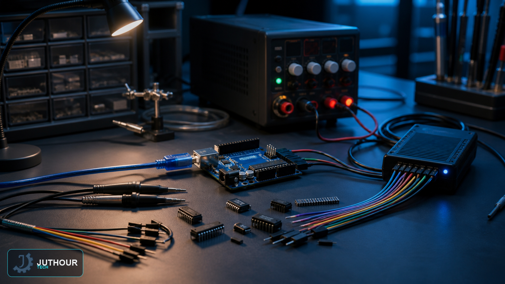 منضدة فحص أعطال أردوينو مع مجسات اتصال ومصدر تغذية منظم