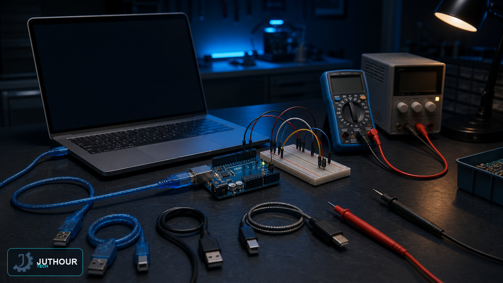 لوحة أردوينو مع كابلات USB وملتيميتر وأدوات تشخيص الرفع