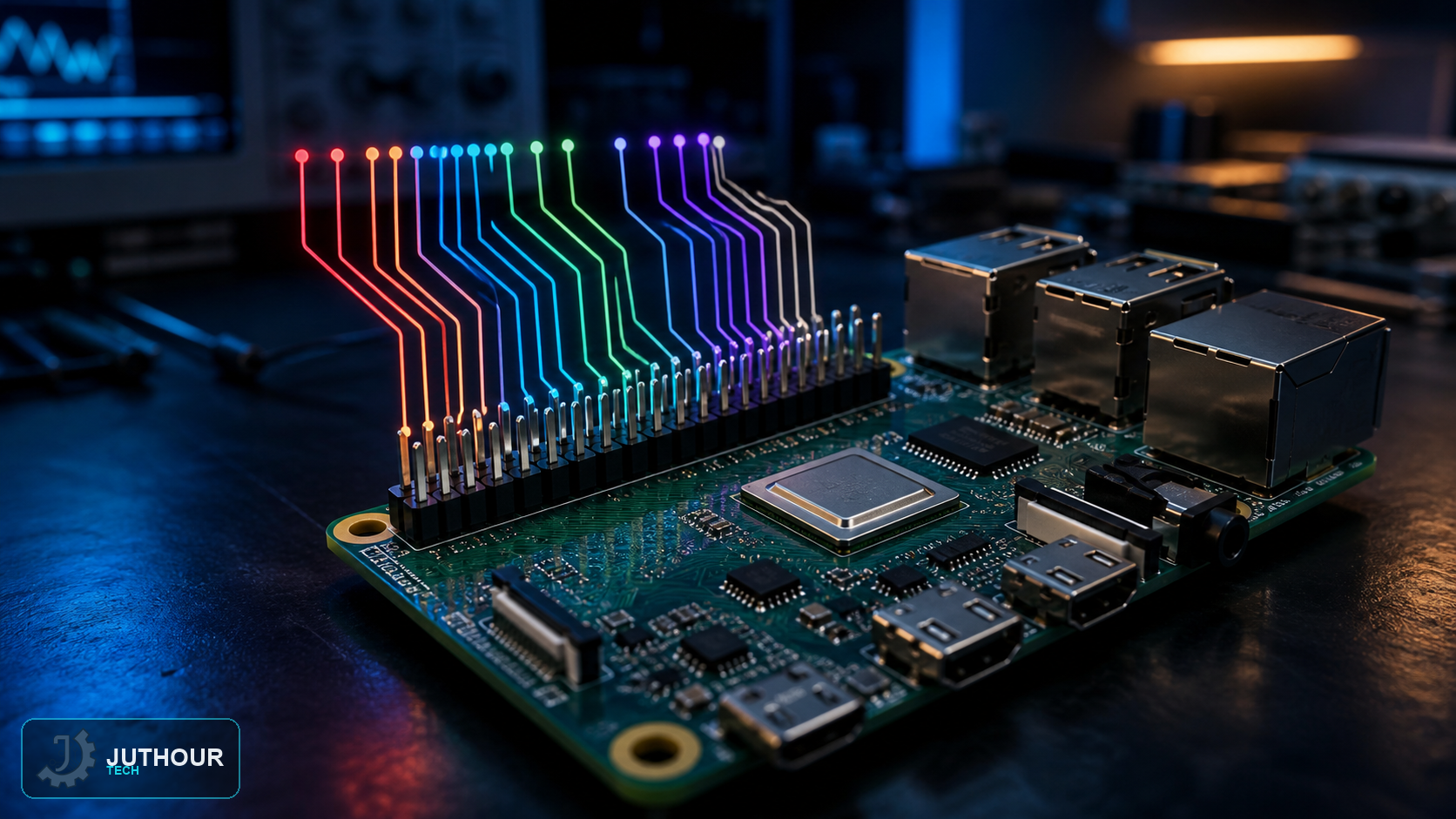 لوحة Raspberry Pi مع إبراز موصل GPIO ذي 40 طرفًا