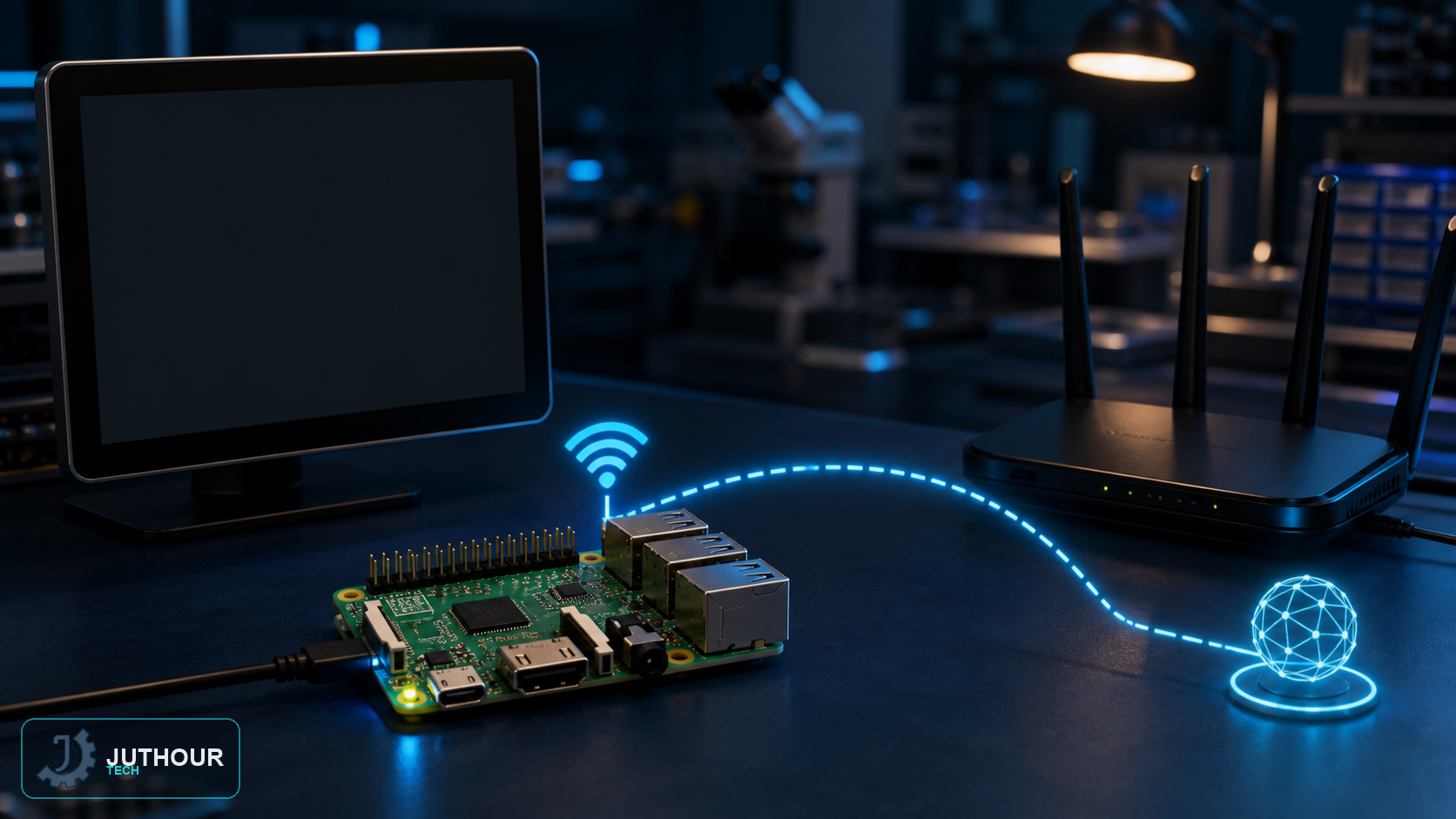 لوحة Raspberry Pi متصلة براوتر عبر نقطة شبكة ثابتة