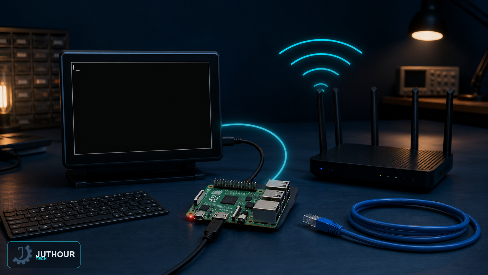 لوحة Raspberry Pi وراوتر وطرفية لإعداد WiFi من سطر الأوامر