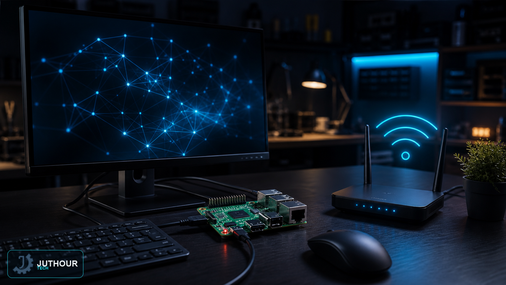 محطة Raspberry Pi مكتبية متصلة براوتر لاسلكي