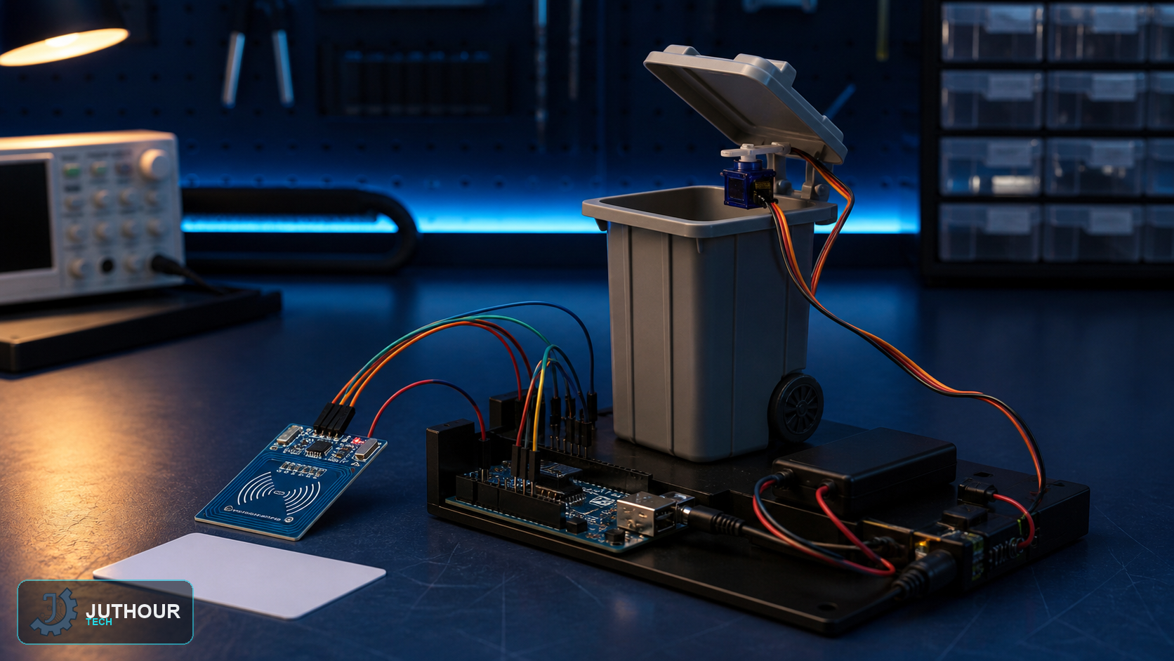 سلة مهملات بغطاء يعمل ببطاقة RFID وقارئ MFRC522