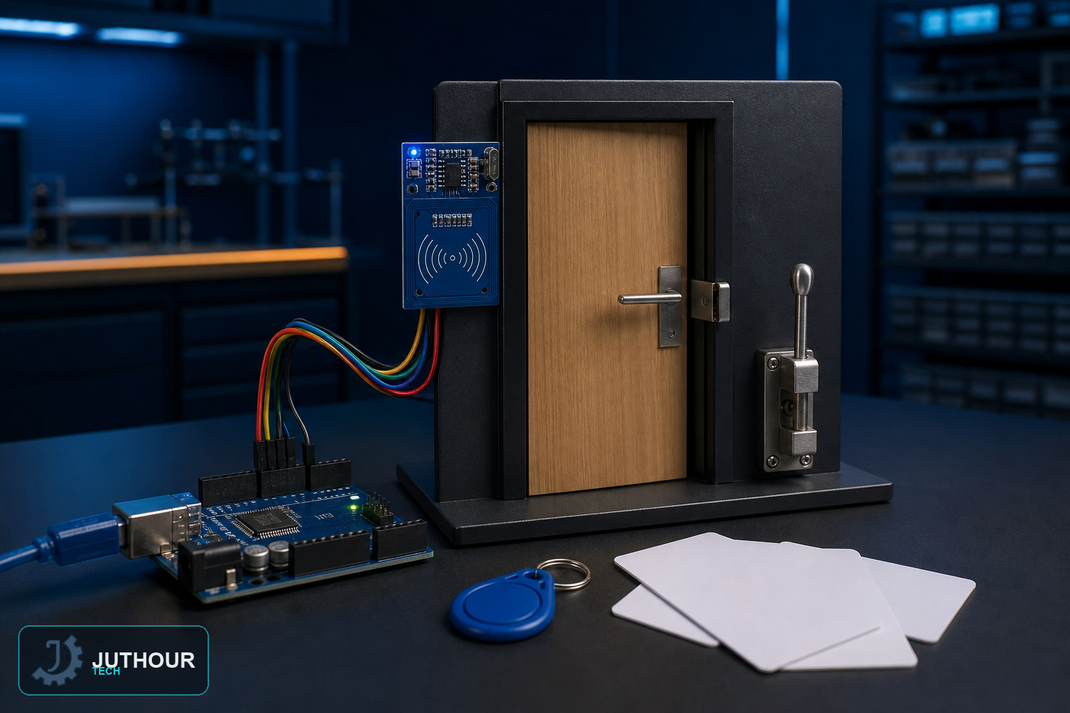 اختبار نموذج دخول مبنى باستخدام RFID على الطاولة
